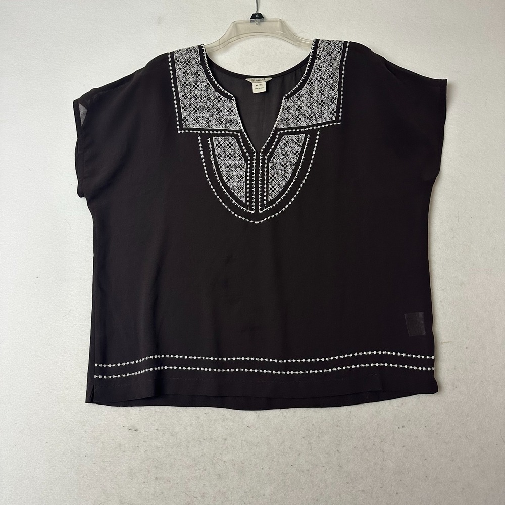 Ariat Womens XL Brown Embroidered V-Neck Short Sleeve Blouse Western Boho Top